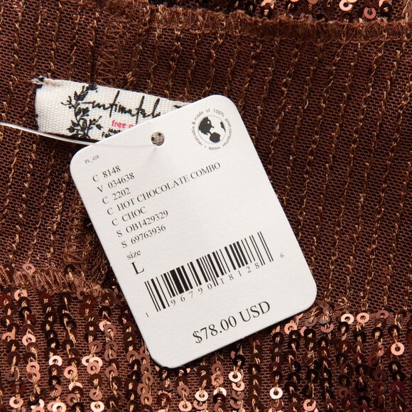Free People Rush Top Long Sleeve Sequin Shirt Hot Chocolate Brown Size Large New - Picture 3 of 7